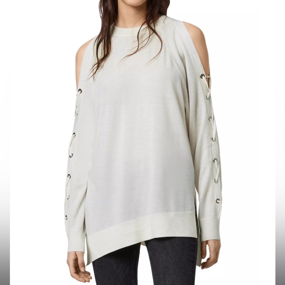 All saints cross lace up sleeves sweater medium asymmetric 100% merino wool
